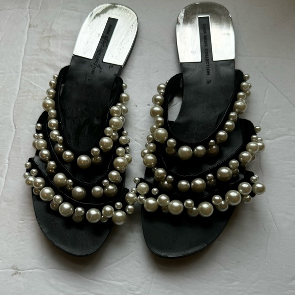 Zara Pearl Embellished Straps Flat Sandals Flats Faux Leather Slides Mules Shoes - Picture 8 of 16